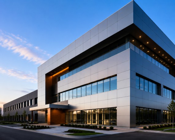 Commercial building clad with aluminum composite panels